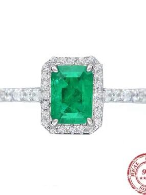 Classic Lab Emerald Solitaire & White Sapphire Sterling Silver Size 8